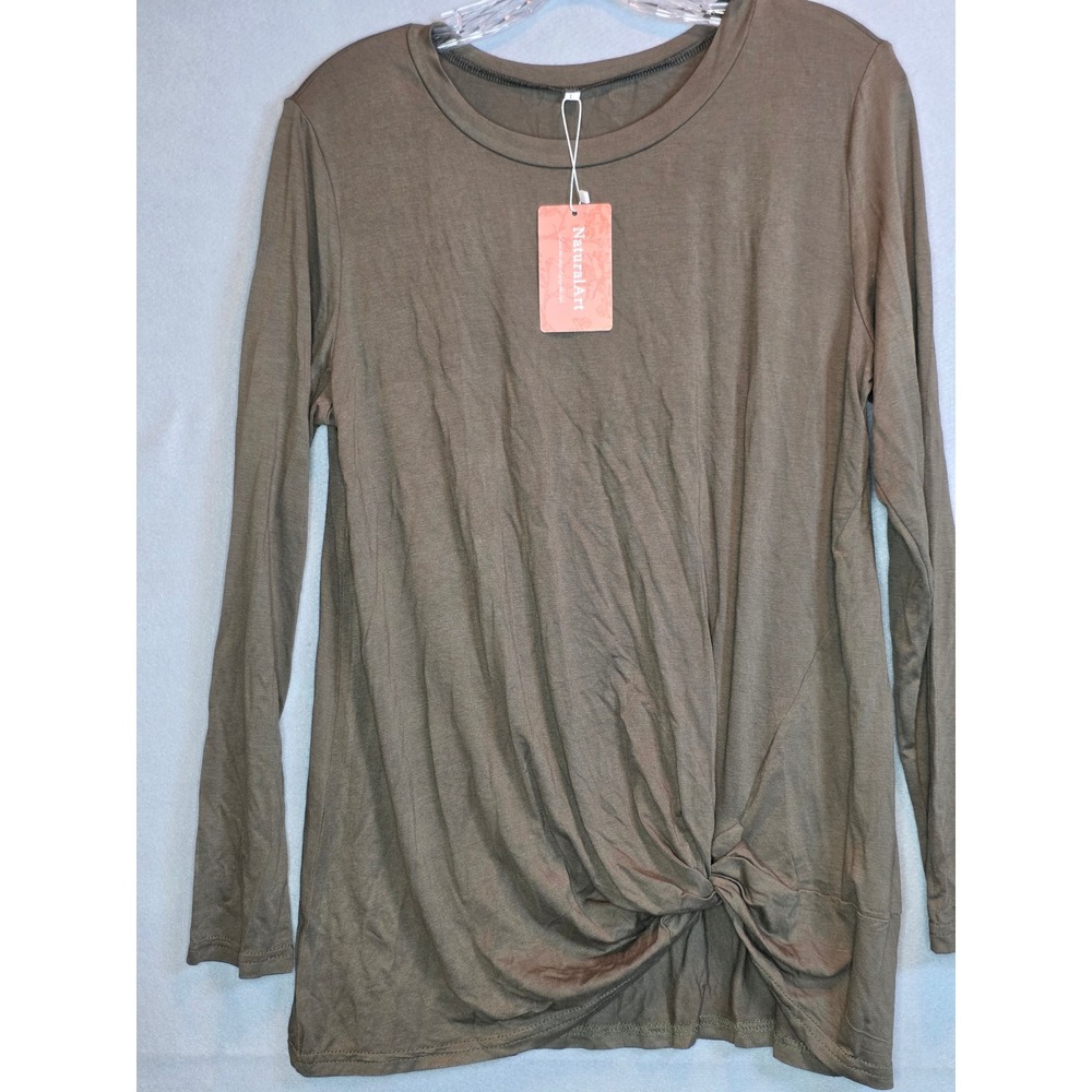 NaturalArt Womens Long Sleeve Twist Front Top Olive Brown Size L NWT
